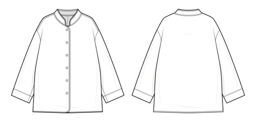 Mandarin-Collar Long-Sleeve Shirt Technical Fashion Illustration. Chinese-Inspired Top Vector Template. Front and Back View. Button-Up Detail. Oversized. CAD Mockup Set.