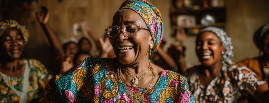 Elderly African woman dancing with family in traditional clothing at home on black national holiday