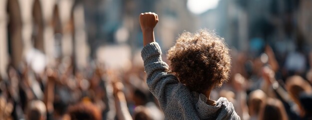 Black child raising fist in solidarity at crowded city protest event, celebrating black history month 