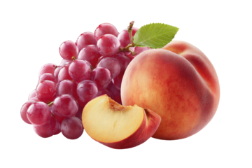 A cluster of red grapes alongside a ripe peach and a single slice against a black background