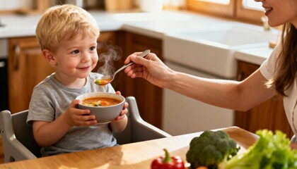 Happy boy being fed warm vegetable soup by caring mother in sunlit kitchen, promoting healthy eating lifestyle