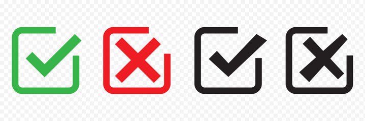 Green check mark and red cross icon set, circle and square. Tick symbol in green color. Hand drawn checkmark illustration. set button correct right wrong buttons or yes or no checkmark. BEST EPS 10. © BEST TOP CRAFT