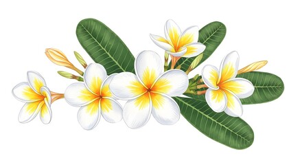 Illustration of frangipani blossoms, white petals with yellow centers, green leaves on white