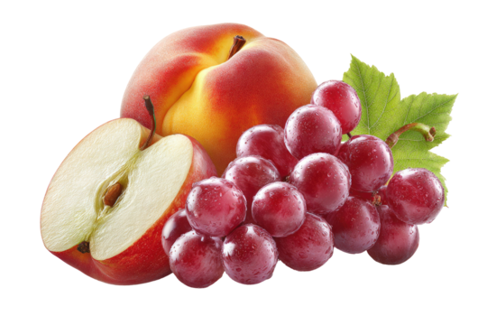 A collection of fresh fruit includes a peach, apple slice, and cluster of red grapes