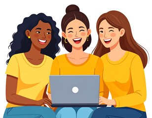 Three diverse women laugh together while looking at a laptop screen
