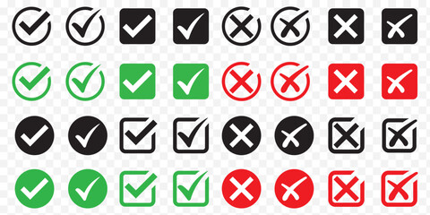 Green check mark and red cross icon set, circle and square. Tick symbol in green color. Hand drawn checkmark illustration. set button correct right wrong buttons or yes or no checkmark. BEST EPS 10. © BEST TOP CRAFT