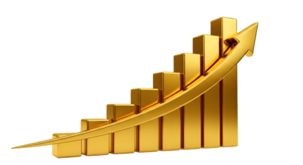 Golden bar chart with upward trending arrow symbolizing financial growth and success