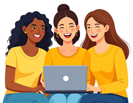 Three diverse women laugh together while looking at a laptop screen