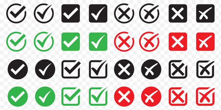 Green check mark and red cross icon set, circle and square. Tick symbol in green color. Hand drawn checkmark illustration. set button correct right wrong buttons or yes or no checkmark. BEST EPS 10.