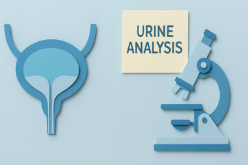 Paper cut bladder and microscope illustration representing urine analysis. An educational visual for diagnostic lab concept, healthcare, and urology on blue background