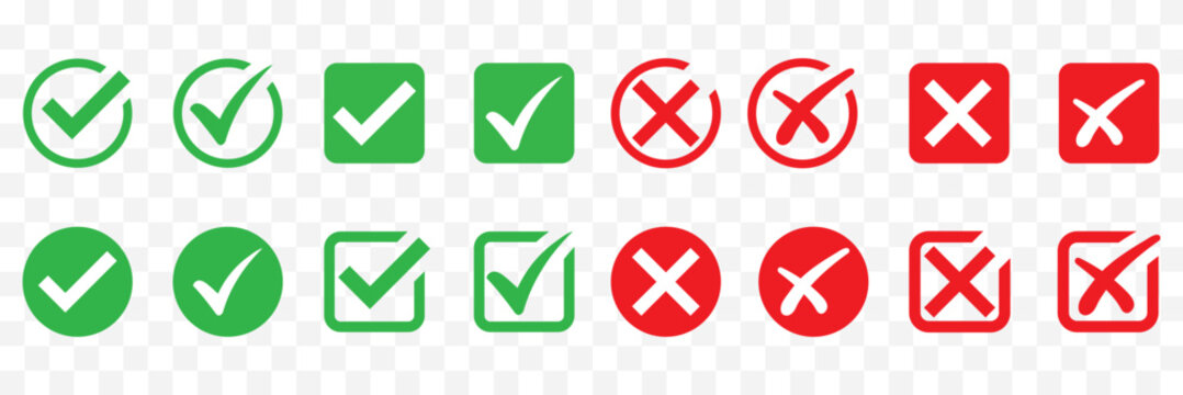 Check tick mark icon set. Cross box x check mark checkbox v list vector draw hand drawn sketch doodle brush marker checklist symbol wrong right circle. Vector Illustration. Red, Green, Black color EPS