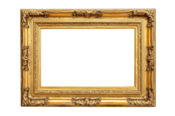 Ornate gold rectangular picture frame, elaborate carvings around an empty white space