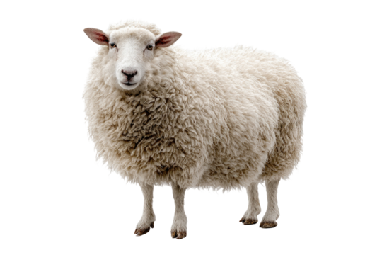 A fluffy white sheep stands against a black background, looking directly at the viewer