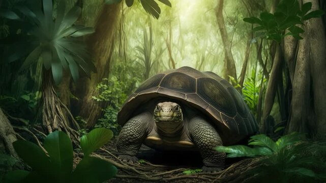 Giant tortoise walking in jungle sunlight  