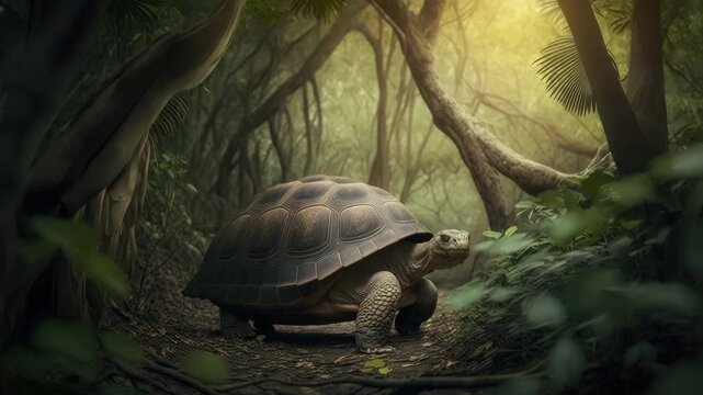 Giant tortoise walking in jungle sunlight  