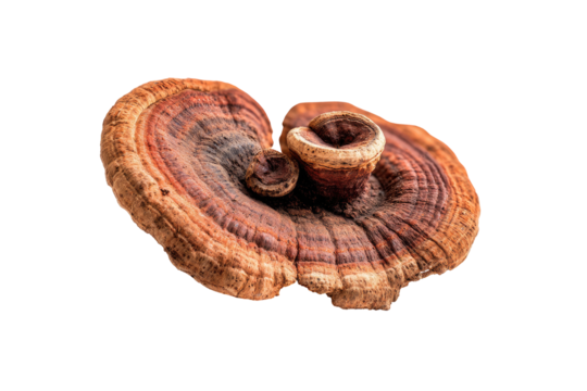Close-up shot of a shelf-like, brown and tan mushroom with concentric rings on a dark background