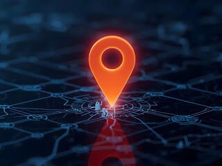Orange location pin glowing on a dark digital city map for futuristic navigation