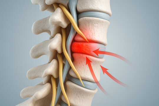 Slipped cervical disc compressing spinal cord and nerve pathway causing intense pain. High detail anatomy visualization showing red swelling region with arrows indicating pressure