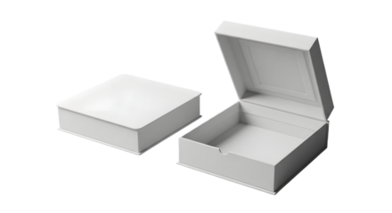 Two white cardboard boxes, one closed and one open