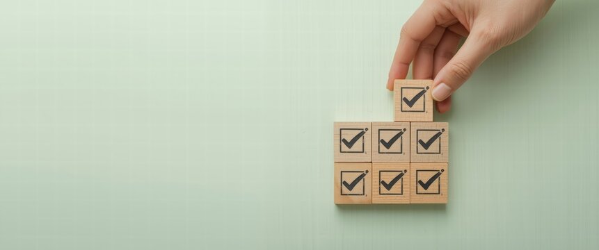 Completing tasks, stacking checkmark blocks showcases project validation, goal achievement, and successful verification processes to reach business milestones today.