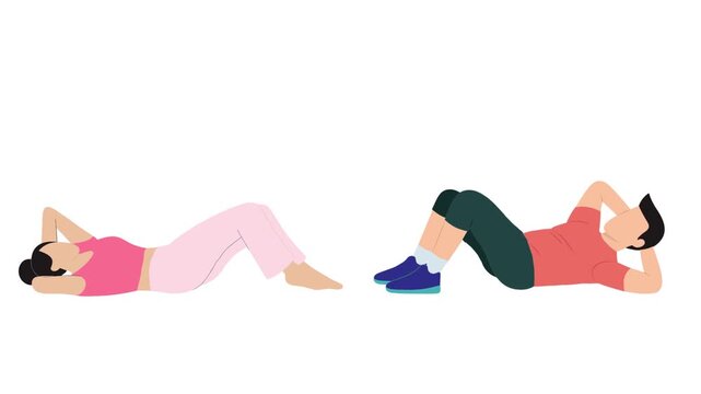 Man and woman doing sit-ups or crunches workout animation