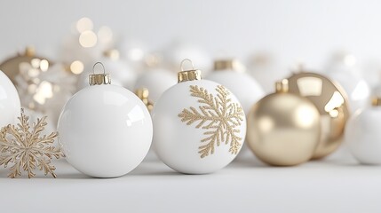 Festive white and gold christmas ornaments with empty glass snow globe on white background, 3d winter holiday wallpaper