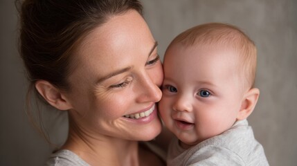 A mother holds her baby close, both smiling joyfully. They share a tender moment indoors, creating a warm and loving atmosphere full of happiness and connection.