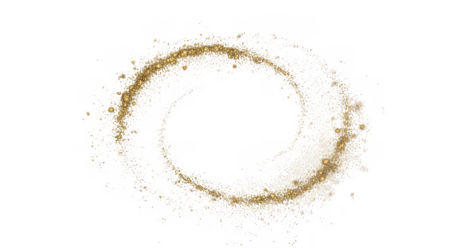 Sparkling golden ring of light particles swirling in a circular motion isolated on transparent background