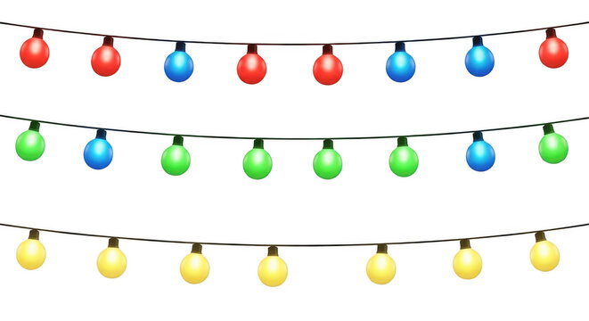 Three rows of colorful festive string lights with red blue and green bulbs isolated on transparent background