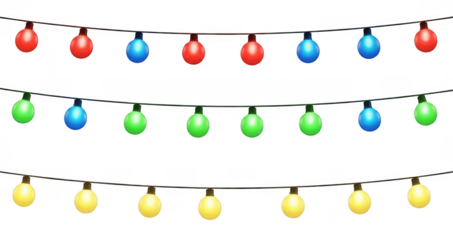 Three rows of colorful festive string lights with red blue and green bulbs isolated on transparent background