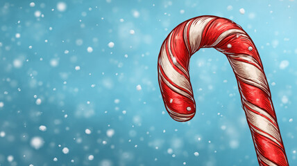 Candy cane with red and white stripes on blue background with snow