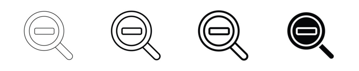Simple black and white zoom out icon set featuring a magnifying glass with a minus sign in line, outline, glyph, and solid styles for user interface design.