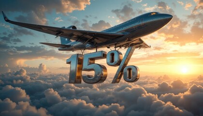 A digital artwork depicting an airplane soaring above clouds with a prominent "15%" symbol, suggesting themes of travel and discounts.