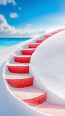 A vibrant red staircase, dusted with snow, curves upwards towards a clear blue sky and ocean.