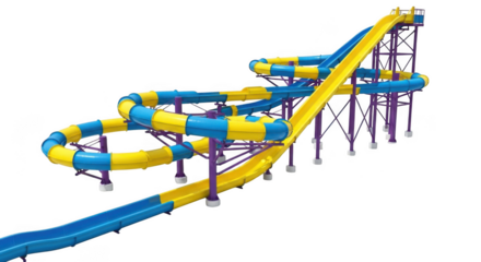 Vibrant yellow and blue water slide with multiple twists and turns isolated on transparent background