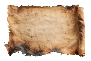 Aged parchment, partially burned with curled edges, ready for text, on a stark black background