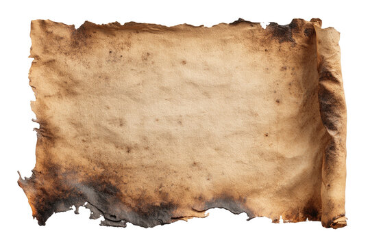 Aged parchment, partially burned with curled edges, ready for text, on a stark black background