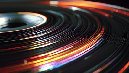 Colorful Vinyl Record with Vibrant Light Trails in a Dark Environment
