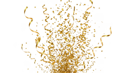Golden confetti and streamers exploding upwards in a celebration isolated on transparent background