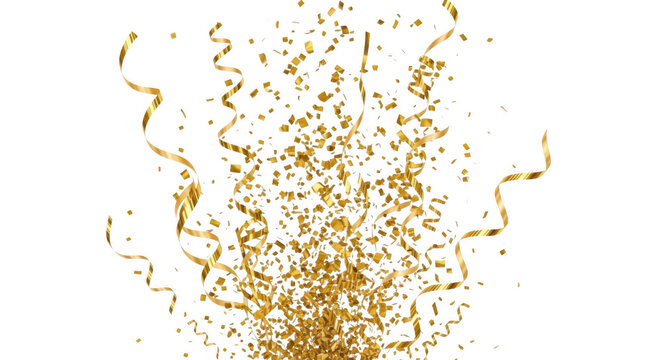 Golden confetti and streamers exploding upwards in a celebration isolated on transparent background