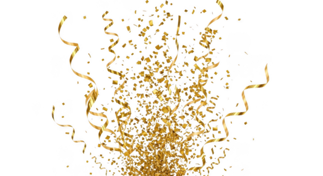 Golden confetti and streamers exploding upwards in a celebration isolated on transparent background