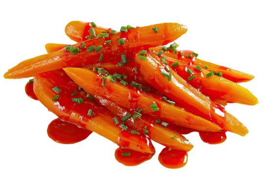 Cooked orange carrots glazed with red sauce and sprinkled with green herbs