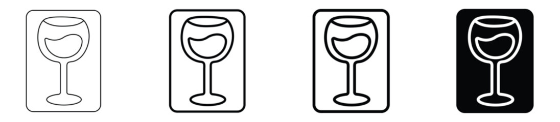Black outline and solid glyph icons set of a wine glass filled with liquid, symbolizing beverage service in a restaurant, bar, or liquor establishment menu vector