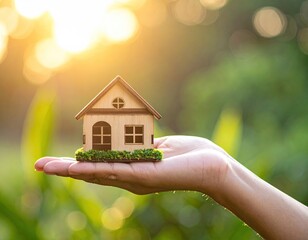 Miniature House Held in Hand Against Blurry Bokeh Background at Sunset