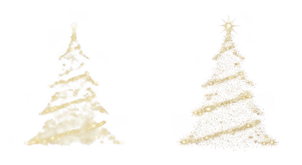Two illuminated christmas trees with twinkling lights and snowflakes isolated on transparent background