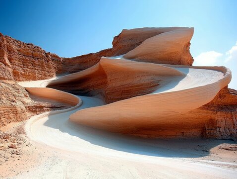 A winding path of sand curves through a desert canyon, shaped by wind into smooth, undulating formations against a bright blue sky.