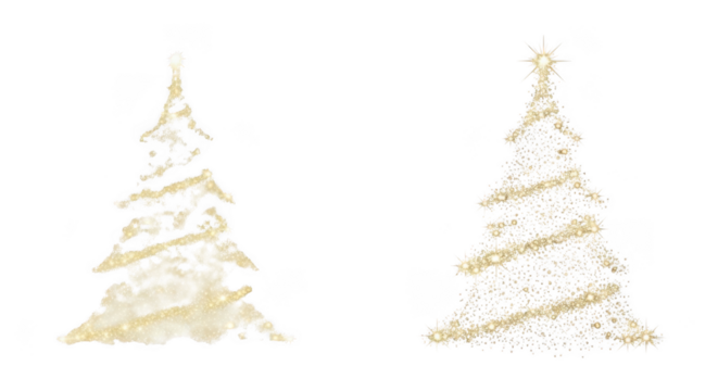 Two illuminated christmas trees with twinkling lights and snowflakes isolated on transparent background
