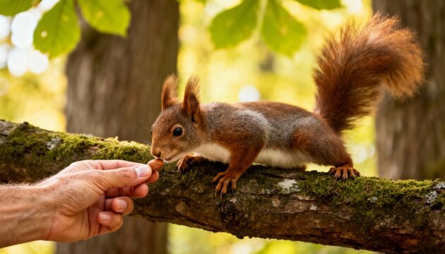 Adorable red squirrel cautiously accepts almond from human hand, blurred autumn forest backdrop, warm golden light - Powered by Adobe