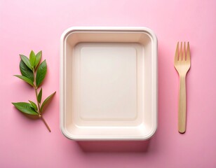 An empty, square, eco-friendly food container is centered on a pink background, flanked by a wooden fork and a green leafy twig.