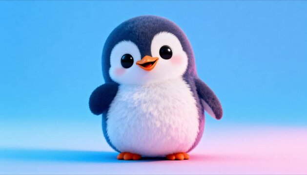 cute cartoon penguin in blue and pink tones, standing in front of smooth gradient background, playful character design, kids animation asset